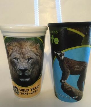 Two North Carolina Zoo Lemuer Lion Souvenir Tumbler Plastic Cups W/lids & Straw