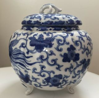 Antique Porcelain Chinese Blue & White Ginger Jar Bowl Lid Phoenix Bird 3 Footed