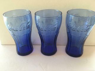 Three,  Blue,  Collectible Coca Cola Glass,  16oz.  Fountain Style