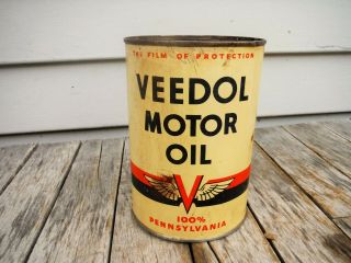 Vintage 1 Quart Veedol Motor Oil Can Metal 100 Pennsylvania