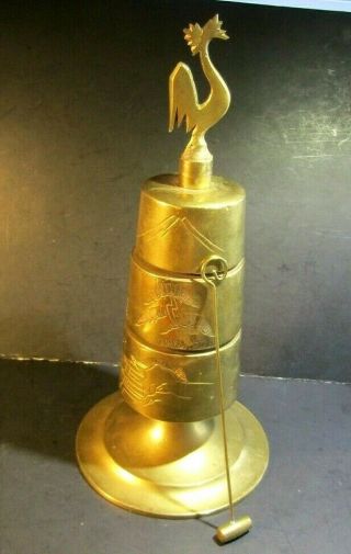 Antique Japanese Brass 3 Tiered 3 Tone Bell Table Top Size W/striker & Rooster