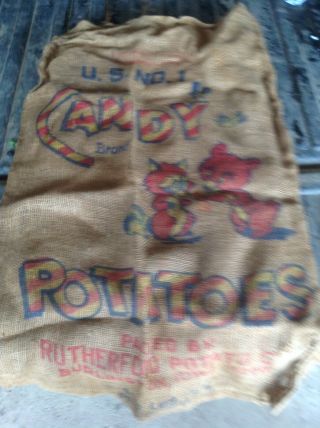 Vintage Burlap Feed Sack Candy Potatoes Great Graphics Fox Bear Agriculture Ads