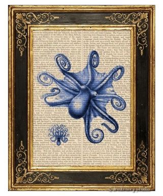 Blue Octopus 2 Art Print On Vintage Book Page Office Home Decor Tentacles Gifts