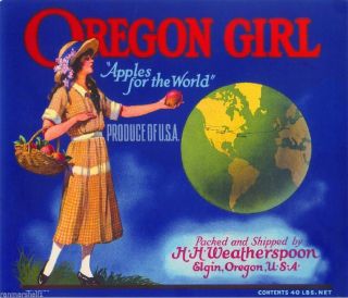 Elgin Oregon Girl Apple Apples Fruit Crate Label Art Vintage Advertising Print