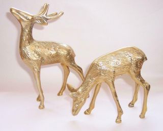 2 X Vintage Solid Brass Roe Deer Figures Sculptures Stag & Doe Metal Ornaments