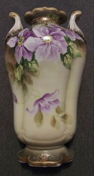 Antique Nippon Vase Purple Anemone 10 " H Porcelain Hp 