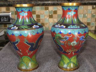 Cloisonne Vase With Imperial Dragon Decoration 6 3/4 " Tall 5 Toes Pair