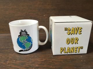 B Kliban 1989 Ceramic Cat Coffee Mug " Save Our Planet " W/box