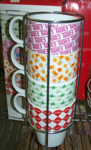 Coca Cola Ceramic Mug Set " Flavor Blast " Fanta - Tab - Sprite - Coke In Caddy