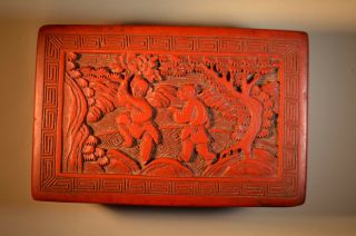 Vintage Chinese Hand Carved Red Lacquer Cinnabar Box Depicting 2 Boys Playing