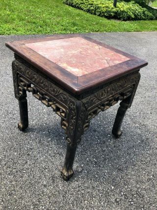 Antique Qing Dynasty Chinese Carved Rosewood & Marble Table