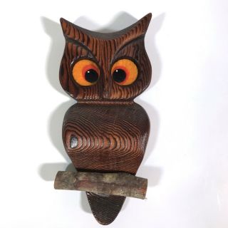 Vintage 60s Wooden Owl Wall Hanging Plaque Carved Wood Felt Eyes Mcm Rustic Cute