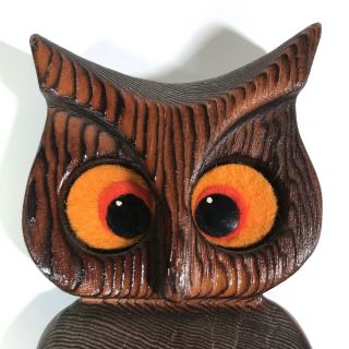 Vintage 60s Wooden Owl Wall Hanging Plaque Carved Wood Felt Eyes MCM Rustic Cute 2