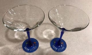 Skyy Vodka Martini Glasses W/ Cobalt Blue Stems & Cute Logo 6.  5 "
