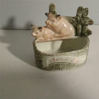 Vintage Bisque Pink Pig Souvenir Of Atlantic City Pigs In Basket