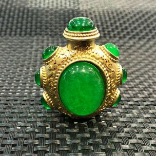 Chinese Handwork Brass Inlay Jadeite Jade 9 Green Beads Collectible Snuff Bottle