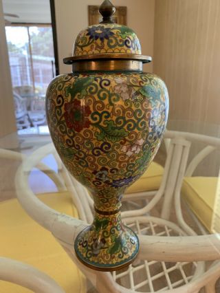 Chinese Cloisonne Urn Vase Yellow Flowers Enamel Bronze Jar Lid 12 Inches 1900