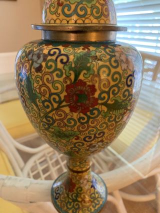 Chinese Cloisonne Urn Vase Yellow Flowers Enamel Bronze Jar Lid 12 Inches 1900 3