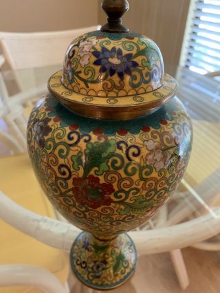 Chinese Cloisonne Urn Vase Yellow Flowers Enamel Bronze Jar Lid 12 Inches 1900 7
