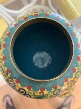 Chinese Cloisonne Urn Vase Yellow Flowers Enamel Bronze Jar Lid 12 Inches 1900 8