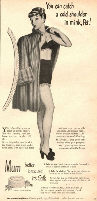 1947 Vintage Ad For Mum Deoderant Art Pinup Girl In Fur And Undies 051519