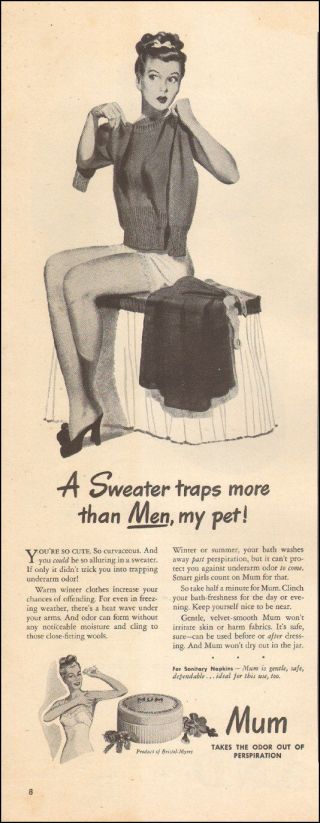 1946 Vintage Ad Mum Anti Perspirant Art Pretty Girl In Stinky Sweater 123117