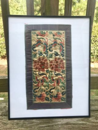 Antique Chinese Hand Embroidered Silk Double Panels Butterfly Loves Flowers