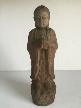Antique Chinese Carved Wood Buddha Monk Statue Stylized Lotus Pedestal 11.  5 "