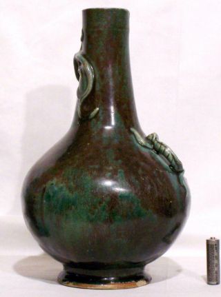 Chinese Ming Dynasty Shiwan Flambe Bottle vase with two molded Chilong on Neck 4