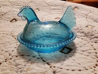 Cornflower Blue Glass Hen On Nest Lid Chicken Candy Dish