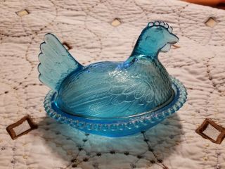 Cornflower Blue Glass Hen on Nest Lid Chicken Candy dish 3