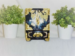Antique Old Chinese Lacquer Mother Of Pearl Inlay Jewellery Box Miniature Chest