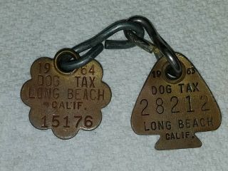 2 Vintage 1963 1964 Long Beach California Metal Dog Tax License Tags Numbered Ca