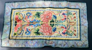 Antique Chinese Silk Panel Bats And Peony Embroidered Textile Robe Piece