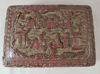 A,  Antique Qing Chinese Highly Carved Cinnabar Lacquer Canton Scene Covered Box