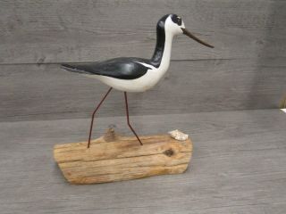 Ocean Black Neck Stilt Bird Carved Wooden Painted Figurine