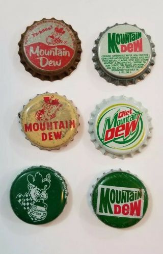 6 Vintage Mountain Dew Bottle Caps.  Mixed Nos Old Stock And.
