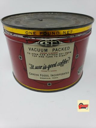 VERY RARE Vintage Antique Tin Can CANOVA BRAND COFFEE 1 lb KW w/lid 4
