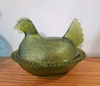 Vintage Indiana Glass Hen On Nest Covered Candy Dish Chicken Avocado Green