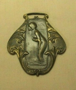 1900 Era Art Nouveau Naked Lady Brass Pocket Watch Fob Skinny Dipping Girl