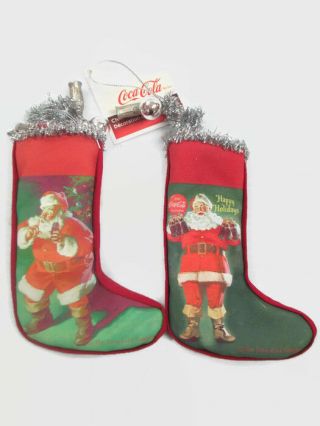 Coca - Cola Set Of 2 Mini - Stocking Ornaments " Santa Shh " And " Happy Holidays "