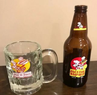Vintage Dog N Suds 4 1/2” Tall Root Beer Mug And 7 3/4 Root Beer Bottle