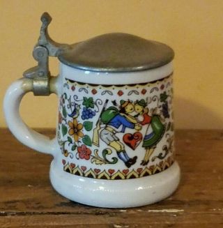 Vintage Rein Zinn Bmf Miniature Beer Stein Shot Glass With Lid - Couple In Love
