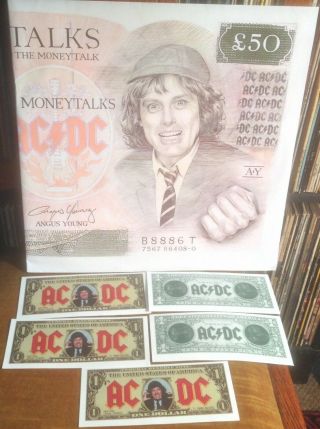 Ac/dc Moneytalks 1990 Uk Atco 12 " Poster Bag Sleeve W/5 Angus Young Dollar Bills