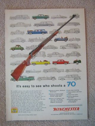 Vintage 1958 Winchester Model 70 Bolt Action Rifle Deer Hunters Cars Print Ad