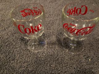 (set Of 2) Vintage Clear Glass " Enjoy Coca Cola " Coke Thumbprint Pedestal Footed