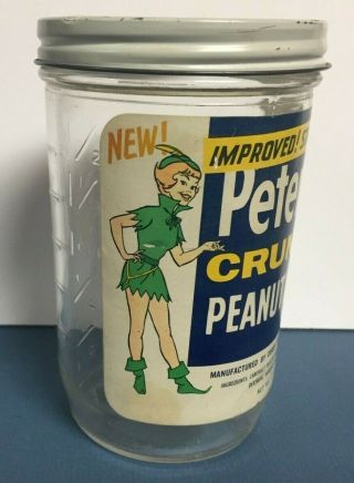Vintage Peter Pan Peanut Butter Jar Full Label W/rare Cartoon Elf,  Lid 1lb - 2oz