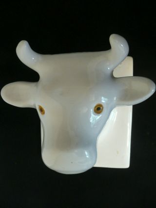 Vintage Lrge White Ceramic Cow Bull Head Towel Apron Holder Farmhouse Amber Eyes