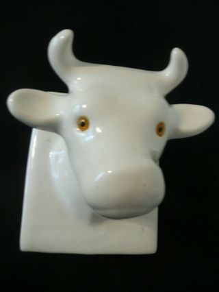 Vintage Lrge White Ceramic Cow Bull Head Towel Apron Holder Farmhouse Amber Eyes 2