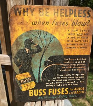 1940s Vintage Buss Fuse Old Gas Station Counter Display Tin Sign With 18 Boxes